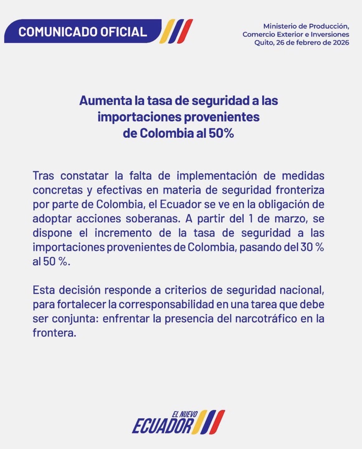 Gobierno endurece medidas y aumenta arancel a Colombia por seguridad fronteriza