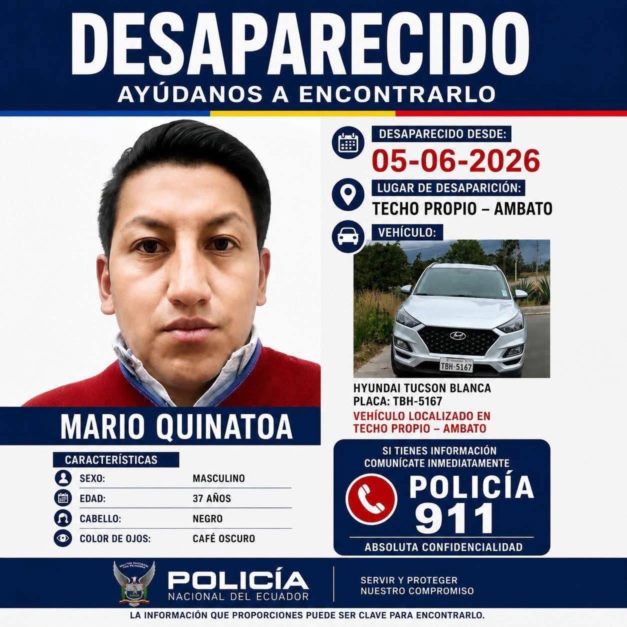 Misteriosa desaparición en Ambato: buscan a Mario Quinatoa tras hallar su vehículo abandonado