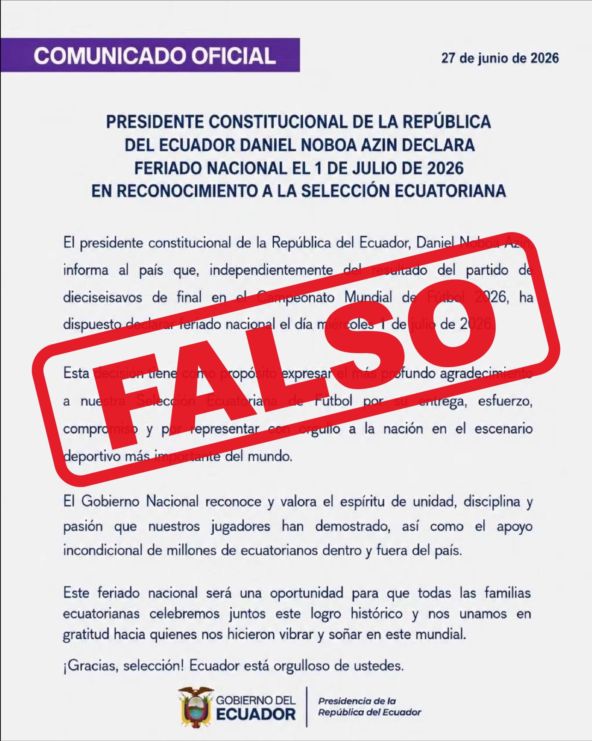 ¡Cuidado! Circula falso feriado por la selección ecuatoriana