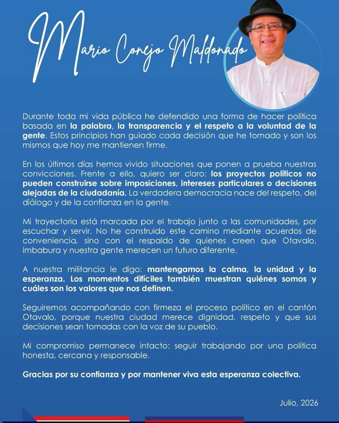 Mario Conejo emite comunicado tras ruptura con Juan Arias hacia la Prefectura