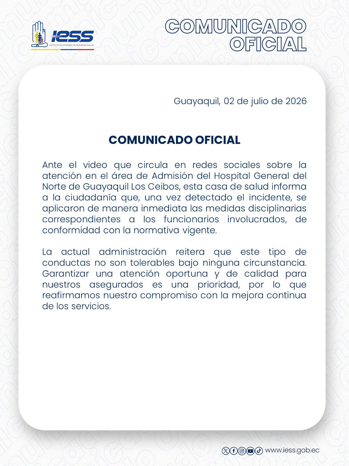 IESS anuncia medidas disciplinarias tras fiesta en área de Admisión