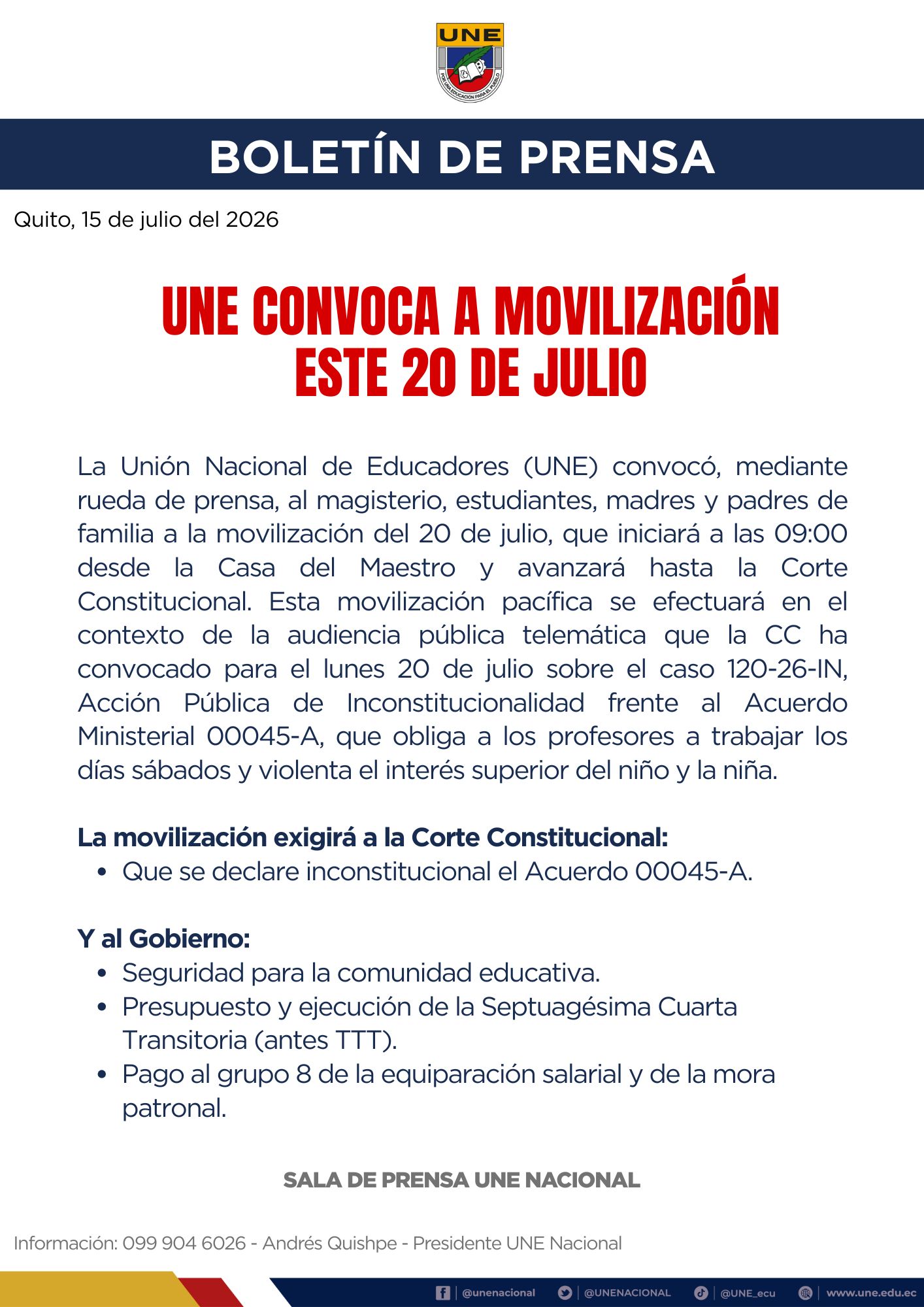 UNE convoca movilización nacional para el 20 de julio contra clases los sábados