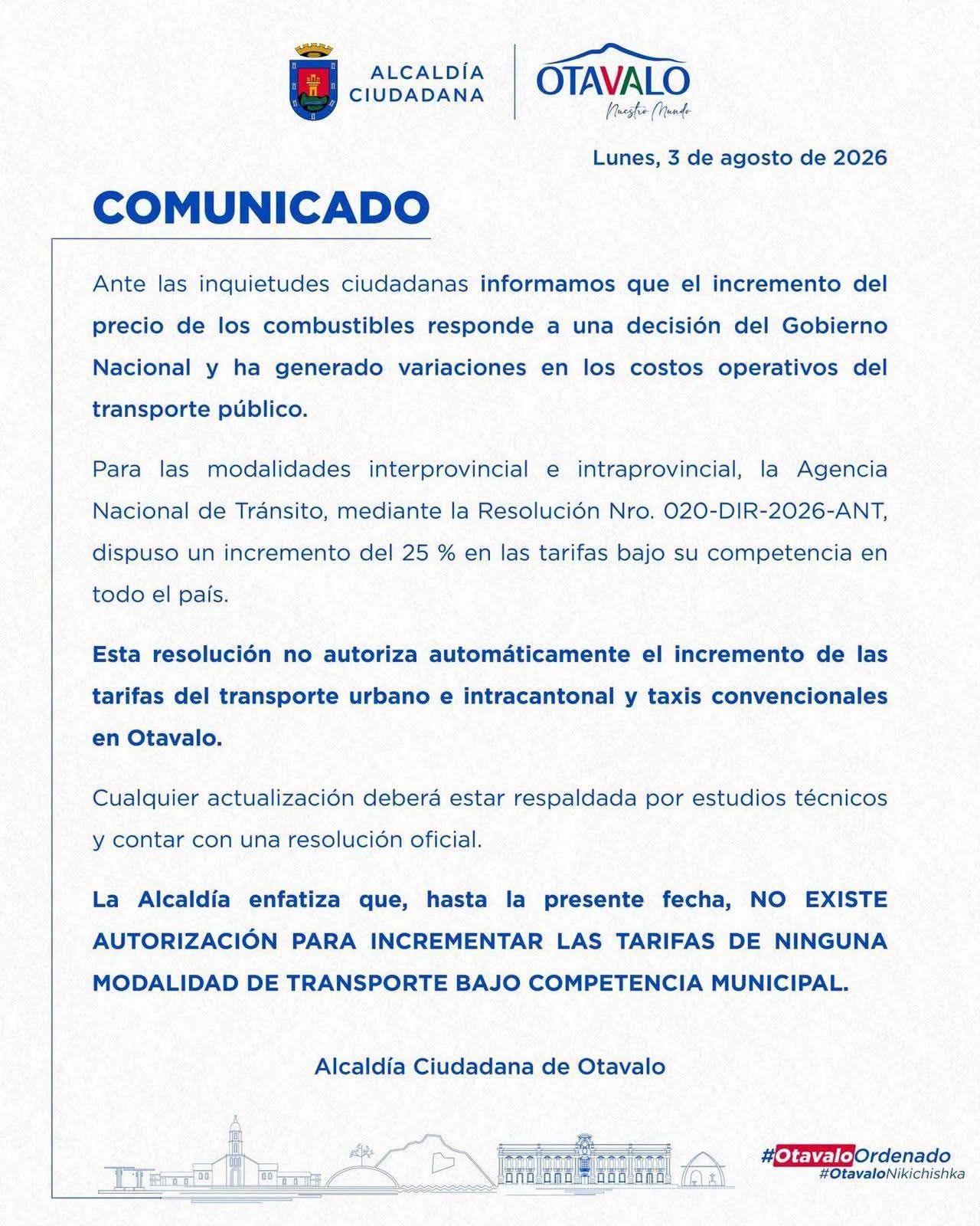 Otavalo no autoriza incremento de tarifas de transporte bajo competencia municipal