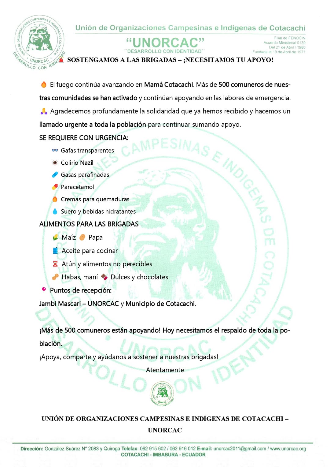UNORCAC realiza llamado urgente para donar insumos y alimentos a comuneros que apoyan en la emergencia
